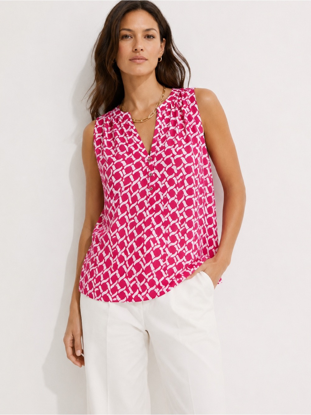 Banana Republic Pink and White Abstract Print Sleeveless Satin Top Size M